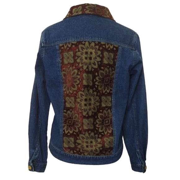 Coldwater Creek Denim Floral Tapestry Button-Up Jacket Pockets Boho Classic - Picture 2 of 8